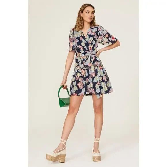 Tanya Taylor Brynn Floral Mini Wrap Dress Womens 18 Navy Floral Flutter Sleeves - Picture 2 of 16